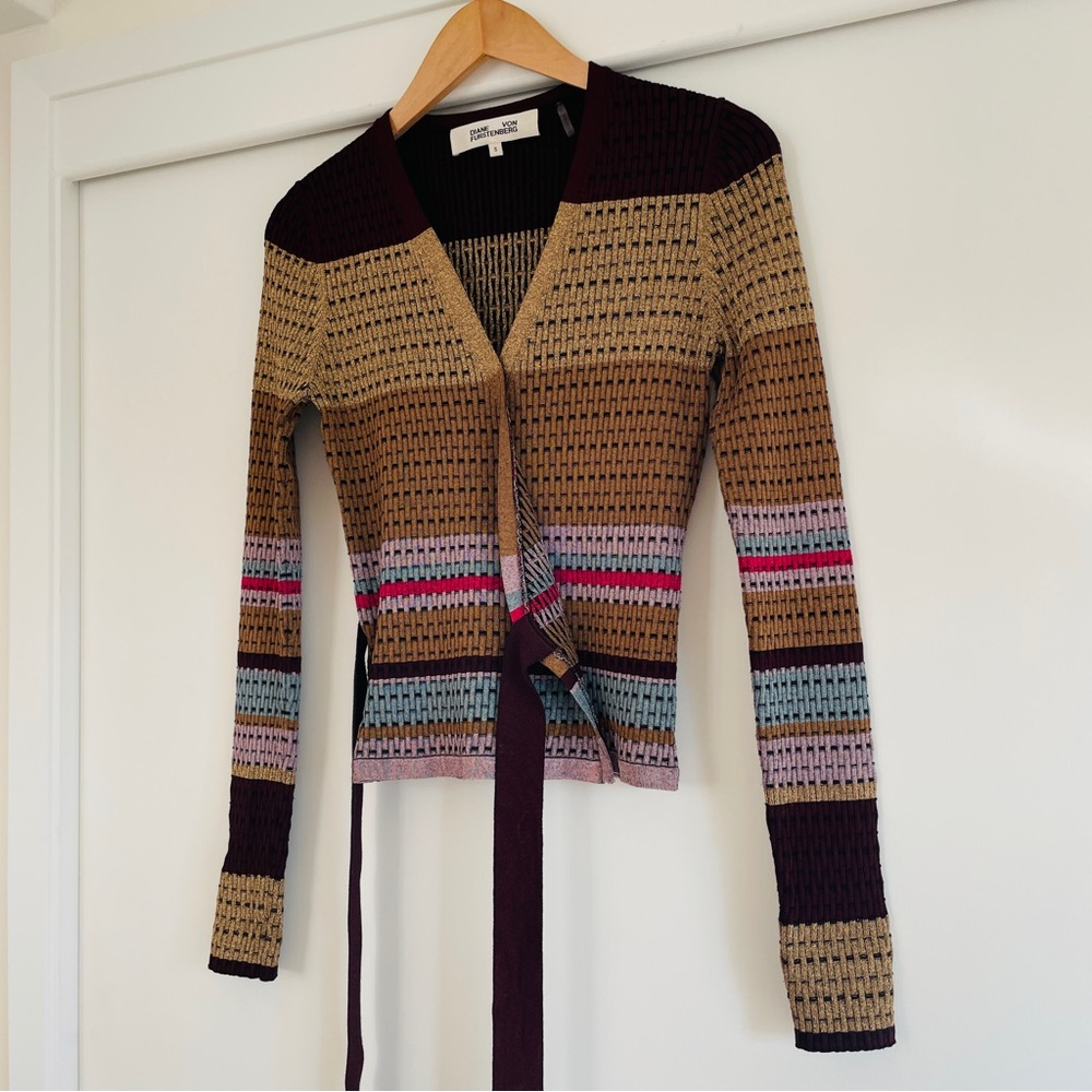 DIANE VON FURSTENBERG Wrap Cardigan with Metallics, Purples, Blues